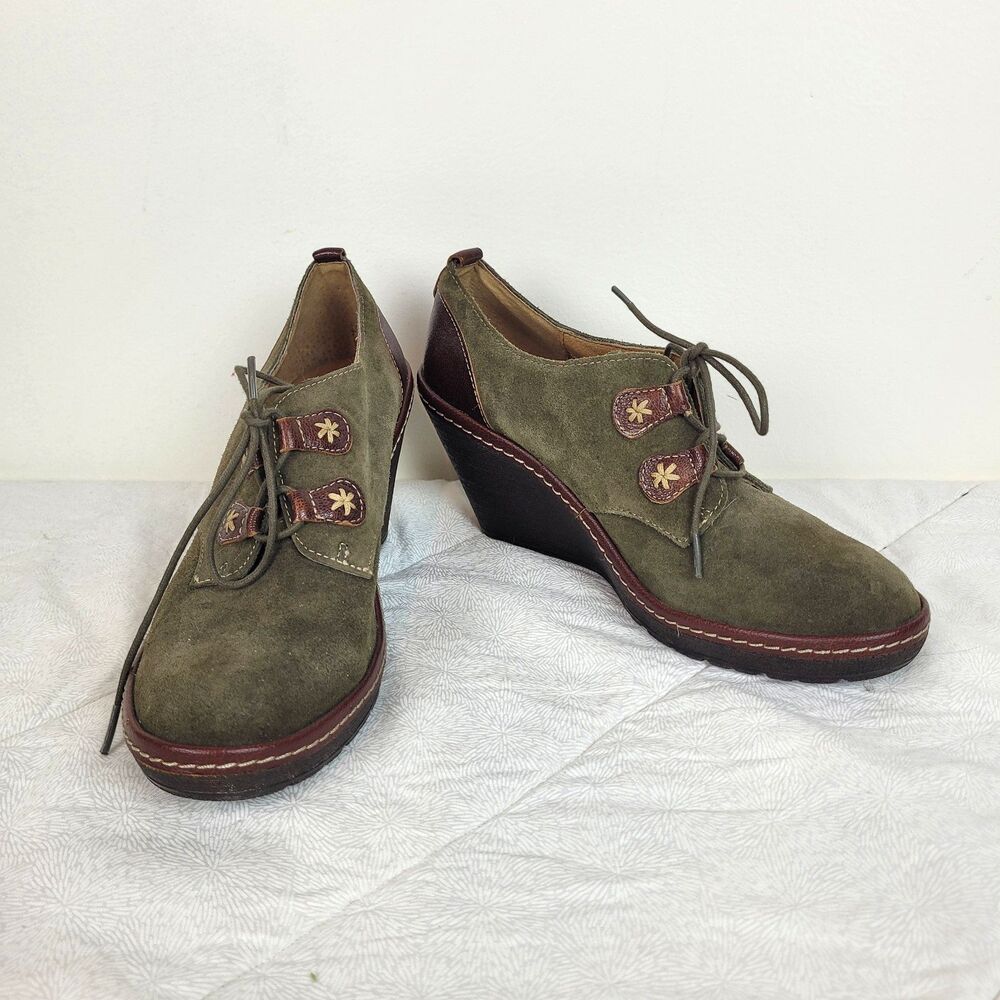 Sofft Camila Wedge lace-up leather booties 7.5M Olive green contrast stitching - Picture 1 of 11